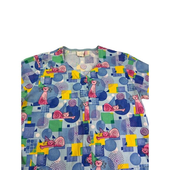 Fundamentally Cotton By White Swan Whimsical Cat Print Scrub Top S Snap Front - Picture 2 of 10